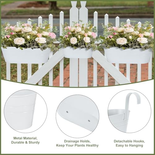 3 Different Size Metal Iron Hanging Flower Pots 10 Pcs for Outdoor Plants Metal Hanging Bucket Pots Iron Railing Fence Planter with Drainage Holes and Hooks for Porch Railing Balcony Fence (White) - Image 4