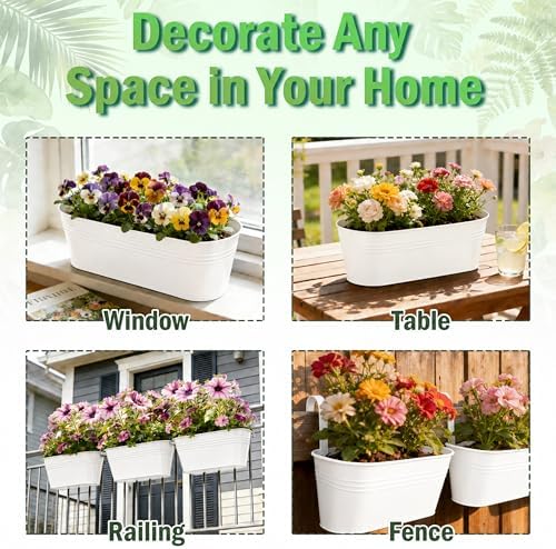 Metal Railing Planter Boxes 16 Inch, 3-Pack Adjustable Hanging Flower Pots for Balcony, Deck, Porch & Fence, Detachable Hook Design, White Heavy Duty Planters for Outdoor - Image 5