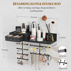 VINAEMO Jewelry Organizer Hanging Wall Mounted Jewelry Holder with Rustic Wood Drawer & Large Capacity Storage Shelf Rack Display for Earrings Rings Necklaces Bracelet(Black) - Image 5