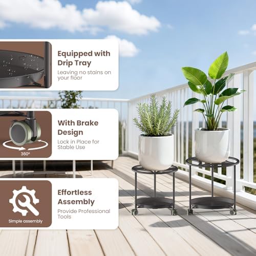 TOSKING 2-Pack Black Round Rolling Plant Caddies with Water Tray – Metal Stands with Wheels, Geometric Pattern, for Indoor Planters (13" & 11") - Image 6
