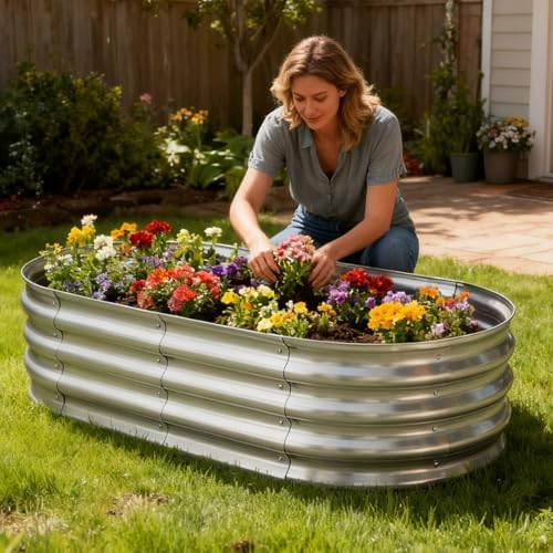 TATAANTY Galvanized Raised Garden Bed for Outdoor: 4x2x1ft Durable Metal Vegetable Plant Container Kit - Oval Planter Box for Gardening Flower Trough （2 Pack） - Image 6