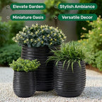 15”+11”+7.9” Dia Concrete Planter Set of 3, Wavy Textured Black Flowerpot - Image 3
