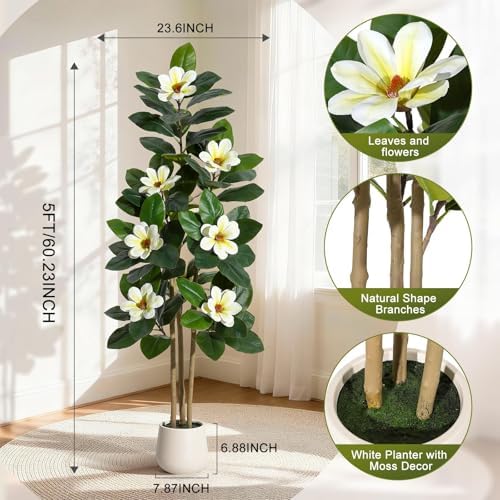 5FT Artificial Fiddle Leaf Fig & Magnolia Tree with White Blooms, White - Image 2