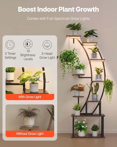 VEVOR Plant Stand Indoor with Grow Lights, 63 in Tall 9-Tier Lighted Plant Shelf, Metal Corner Plants Holder, 3 Timer & 10 Brightness, Curve-Shaped Flower Display Rack for Living Room Balcony Decor - Image 3