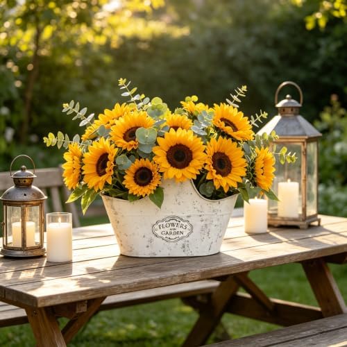 Distressed White Galvanized Metal Flower Planter Set of 2, Rustic Farmhouse Pot with Handle, Multi Use Tub for Garden Harvest Fruit Vegetables, Floral Craft Tool Organizer Indoor Patio Yard Decor - Image 3