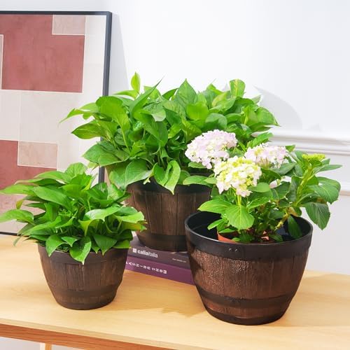 VECELO Plant Pots with Drainage Holes & Saucer, 9 Inch Flower Pots with Tray, 3 Pack Plastic Whiskey Barrel Planters for Indoor & Outdoor Garden Home Plants and Flowers - Image 4