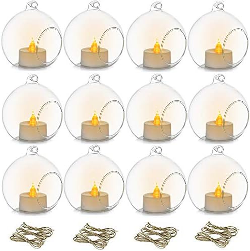 NUPTIO Hanging Glass Tealight Holders with LED, 12 Pcs, 3.15 Inch by Nuptio