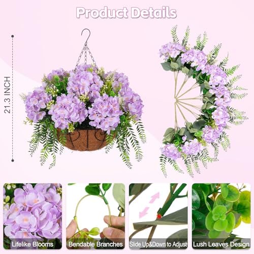 Ammyoo Artificial Light Purple Hydrangea Flowers with Hanging Basket - Image 3