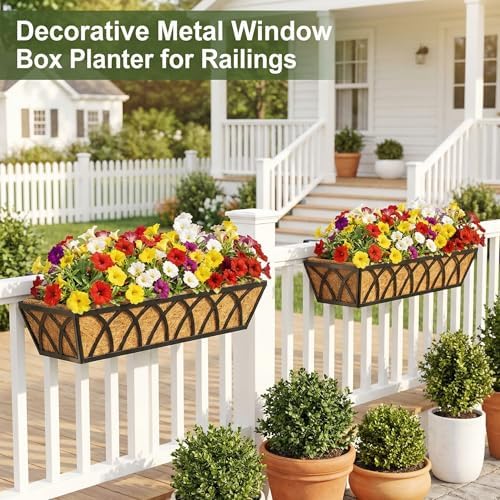 HFHOME 4 Pcs 30" Deck Railing Planter Box with Horse Trough Coco Liners, Black Window Box Hanging Flower Planters Baskets for Indoor, Outdoor, Balcony, Porch, Fence, Patio, and Lawn - Image 3