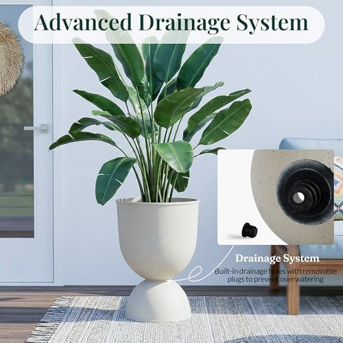 KOL Planters Flower Pots, Plastic Urn Planters for Indoor Outdoor Plants, Beige Pedestal Planter Pots 2 Pack, 15 Inch Tall Decorative Planters with Drainage Holes & Plugs for Front Porch Patio Garden - Image 3