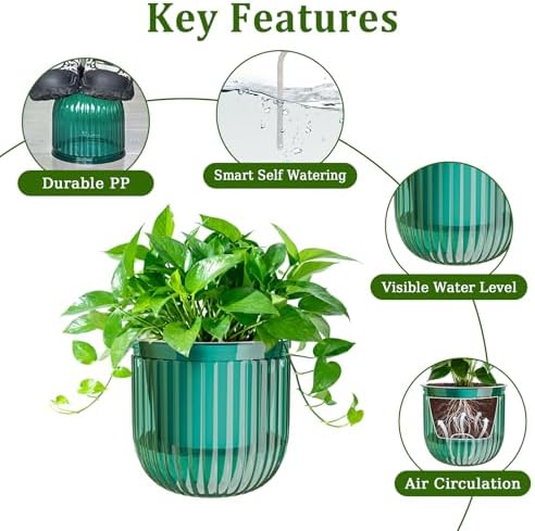 Halatool 2 Pack Self-Watering Hanging Planters for Indoor Plants, 6.5" & 8.3" Outdoor Flower Pots with Drainage Holes, Visible Water Level Indicator for Wall, Garden, Home Decor (Peacock Green) - Image 3
