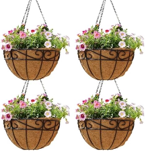 4 Pack 14 Inch Hanging Baskets for Plants Outdoor Metal Hanging Planter Hanging Flower Baskets with Coco Fiber Liners Chain Round Wire Plant Holder Hangings Flower Pots(Plaid) by Qusuxi