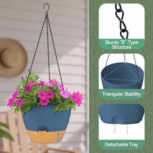 ZMTECH 12 Inch Hanging Planters for Indoor Plants & Outdoor - 2 Pack Self-Watering Hanging Pots with Drainage Holes, Visual Reservoir, Plastic Hanging Baskets Flower Pots with Removable Saucer, Blue - Image 5