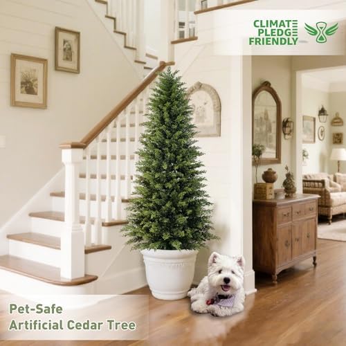 Mavis's Diary 5ft Artificial Cedar Topiary Tree, Set of 2 Realistic Faux Evergreen Shrub Plant in Planter, Indoor Outdoor Fake Cedar Tree for Front Porch, Entryway, Office & Home Decor - Image 4