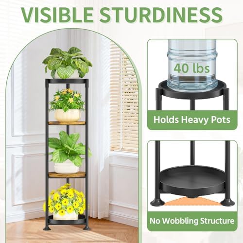 KMOTASUO 4 Tier Black Plant Stand Indoor for Large Tall Heavy Duty Planter, Multiple Sturdy Metal Flower Corner Rack for Narrow House Floor, Iron Vertical Level Round Orchi Holder Organizer, Modern - Image 3