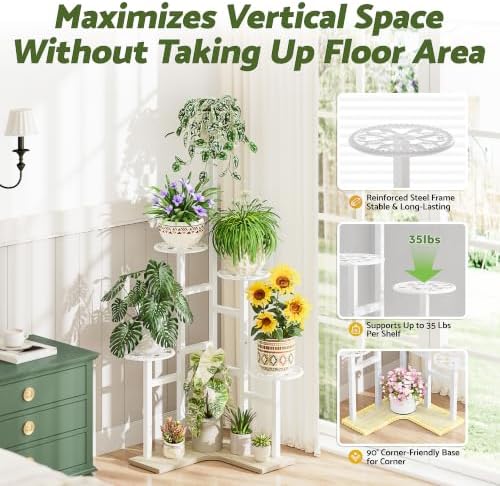 6 Tier Wood Metal Tall White Indoor Plant Stand for Multiple Plants - Image 2