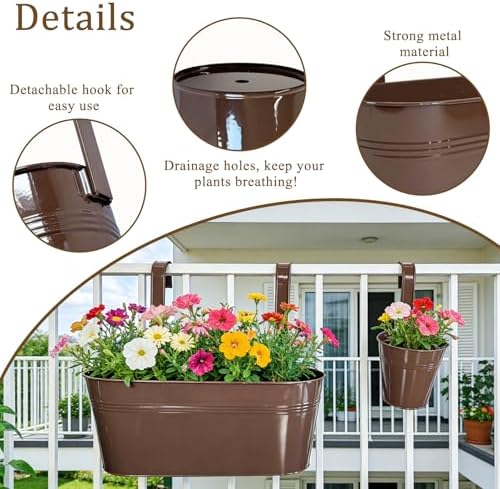 4 Pack Mixed Size Metal Fence Planters Set with Detachable Hooks, Chocolate - Image 3
