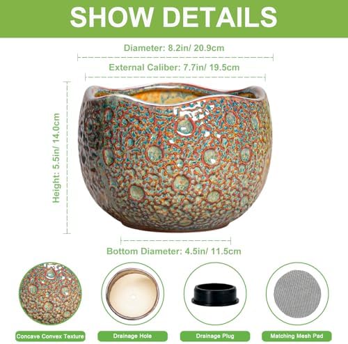 8 Inch Plant Pot - Ceramic Planter for Indoor Outdoor Plants, Unique Pots for Plants with Drainage Hole and Plug, Round Planter, Garden Decor, Gifts for Plant Lovers, Speckled-Brown - Image 2