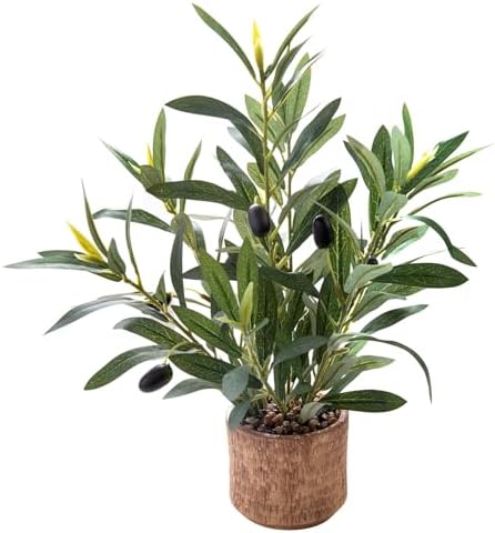 Indoor Fake Olive Plant 12 inch Faux Silk Leaves with Black Rustic Planter Medium Size Perfect Artificial Olive Fruits with Realistic Trunk and Lifelike Stems for Home and Office Decor by Ewtogift