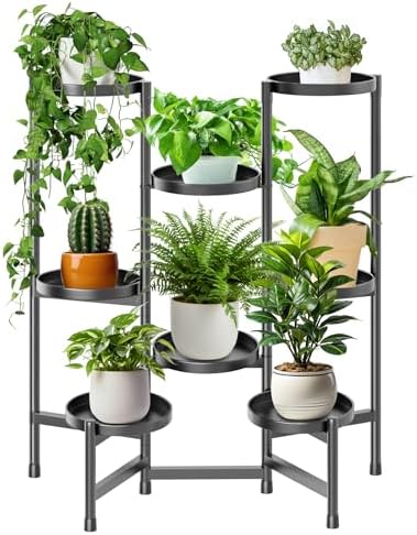 5 Tier Plant Stand Indoor Tall, Adjustable Black Plant Shelf for Multiple 8 Potted Flower Plants Holders, Corner Metal Flower Display Rack for Patio Garden Balcony Living Room Office (A) by KHayRovies