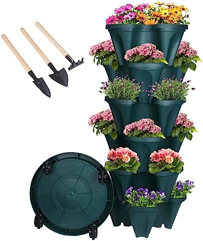 GameXcel Vertical Planter Tower - 6 Tier Stackable Garden Planters with Wheels and Tools Plant Pots for Strawberry Herb Flower and Vegetable Indoor Outdoor Use Green by GameXcel