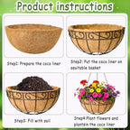 14 Inch Hanging Planters (4 Pack) - Round Metal Baskets with Cocoa Liners for Indoor/Outdoor Gardens, Porch & Patio Decor（HB） - Image 6