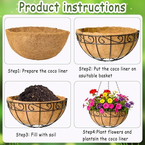 14 Inch Hanging Planters (4 Pack) - Round Metal Baskets with Cocoa Liners for Indoor/Outdoor Gardens, Porch & Patio Decor（HB） - Image 6