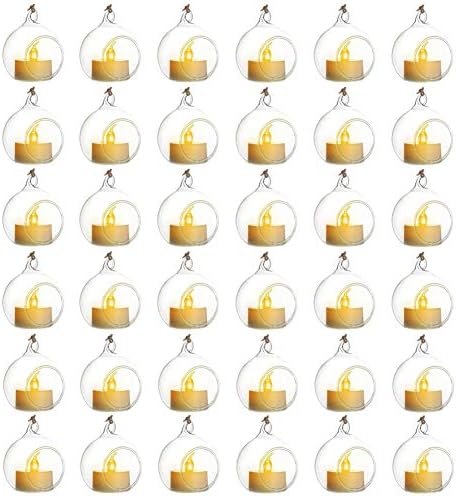 Sziqiqi Hanging Glass Globes Orbs Tea Light Candle Holders with Flameless LED Tealight for Wedding Ornaments, Wedding Birthday Christmas Party Centerpiece Accessory 2.36inch 30pcs +6 Extra by SZIQIQI