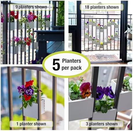 Railing Planter 5-Pack, White (4-inch) | Tool-Free Space-Saving Floating Flower Pots for Balcony Railings | Vertical Garden Railing Planters | UV-Protected, Made in USA - Image 6