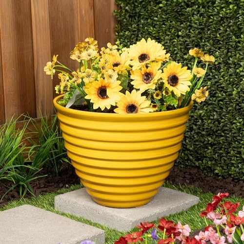 Alpine Corporation 16" Diameter Indoor/Outdoor Ribbed Plastic Planters with Plug-in Drainage Hole, Aesthetic Lawn and Garden Decor, Yellow by Unknown