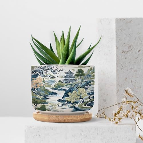 Trend Dragon and Print Ceramic Planters Chinoiserie Asian Inspired Planters for Indoor Plants with Drainage Holes and Saucers Pot for Outdoor Garden Home Plant - Image 7