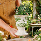 Sungmor Small Ceramic Urn Planter - Green Floral Pedestal Flower Pot - Image 4