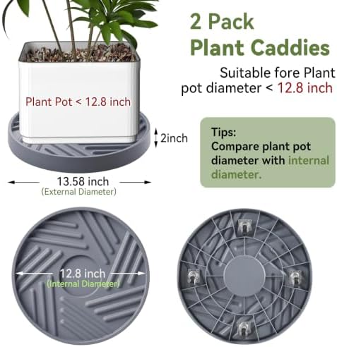 2 Pcs Plant Caddy with Hidden Wheels 13.5 Inch Heavy Duty Rolling Plant Stand, Indoor Outdoor Plant Saucer Tray with $9.9 Garden Tools (Gray) - Image 2