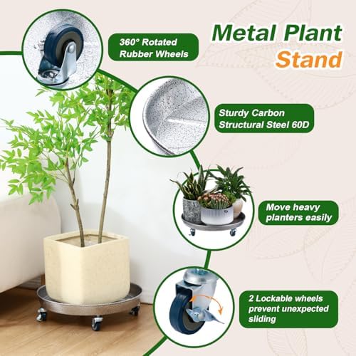 3 Packs Metal Plant Caddy with Wheels 16 inches Rolling Plant Stand Heavy Duty Plant Dolly with Casters for Indoor and Outdoor Large Planter Casters Potted Plant Mover, Silver-black - Image 2