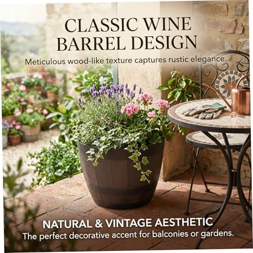 9 Inch Whiskey Barrel Planter Plastic Plant Pot with Pre Drilled Drainage Holes for Garden Brown - Image 2