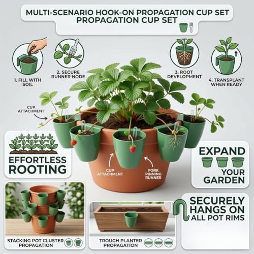 20 Pcs Strawberry Propagation Cups,Strawberry Rooting Cup Kit with Runner Forks Green Plastic Propagation Cups with Hook,Hanging Transplant Grow Station for Garden Greenhouse Balcony Planting (50 S) - Image 6