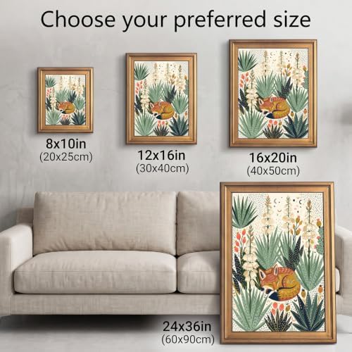 Framed Canvas Wall Art Bohemian Gouache Desert Foxes in Yucca Floral Pink and Yellow Canvas Print Poster Gold Frame Wall Decor for Living Room Southwestern Decor, Animal Art - Inch 16x20 - Image 3