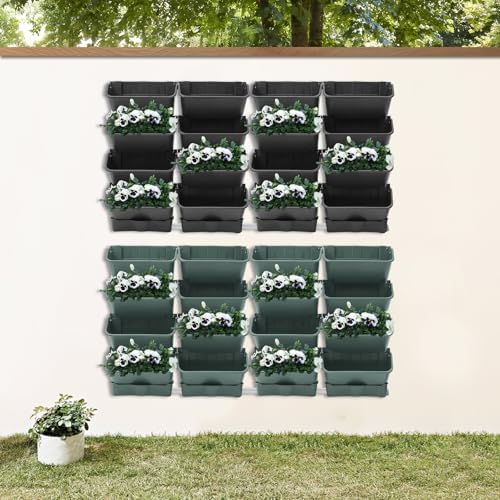 16 Pack Hanging Vertical Wall Planter, Vertical Garden Planter with 4 Drainage Tray, for Patio Outdoor Decor, Home Black Plastic Balcony Pot - Image 5