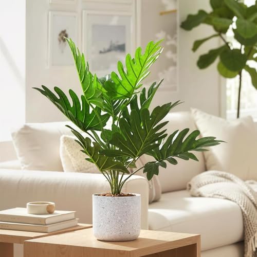 Realistic Faux Green Philodendron Artificial Plants in White Pot – Decorative Indoor Fake Bonsai Tree for Home & Office, Cement Moss Base, 45cm, 2 Pack - Image 5