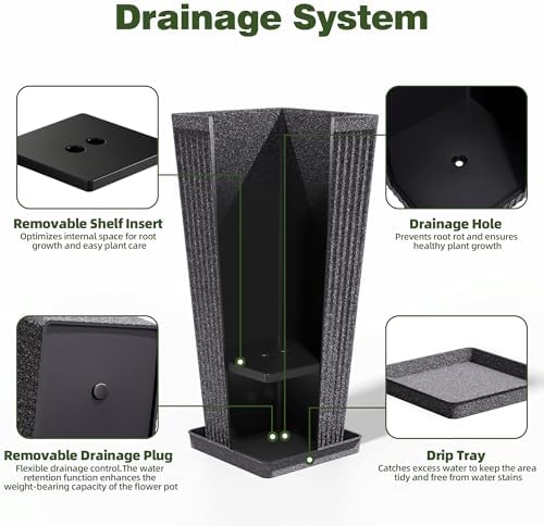 Square Tall Planters for Outdoor Plants with Tray - 24" Gray 2Pack - Image 3