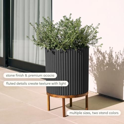 Veradek Demi Series Round Planter w/ Stand for Porch/Patio | Durable Plastic-Concrete & Wooden Stand | Modern Décor for Tall Plants, Flowers - Image 4