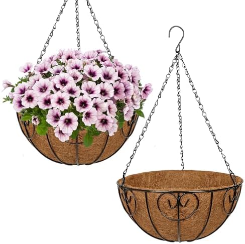 12 inch Metal Hanging Baskets for Plants Outdoor, 2 Pack Metal Wire Hanging Basket Planter with Coco Liner Flower Pots for Indoor Outdoor Garden Porch Patio, Heart-Shaped by NatureCrafted