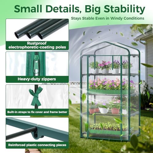 Ohuhu Mini Greenhouse for Indoor Outdoor with Wheel, Small Plastic Plant Green House 4-Tier Rack Stand Portable Greenhouses with Durable PVC Cover for Seedling - Image 6