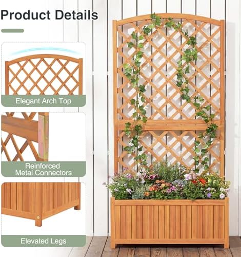 S AFSTAR Wooden Raised Garden Bed with Trellis, 63" Tall Planter Box with Drainage for Vines Climbing Plants Flowers Herbs, Elevated Gardening Planter for Backyard, Balcony & Patio - Image 4