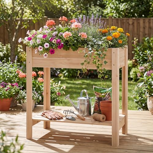 GIANTEX Wood Raised Garden Bed w/Lower Shelf, Planter Box with Legs for Flower Herb Vegetable Fruit, Indoor Outdoor Elevated Raised Beds for Gardening, Backyard, Patio, Balcony - Image 2