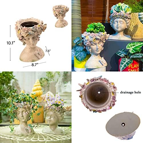 Face Flower Pot Head-Planters Succulent - 10 Inch Garden Resin Face Planter with Drainage Hole for Indoor and Outdoor Plant 7.75 * 6.75 * 10 Inch - Image 4