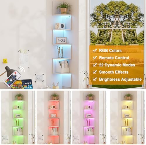 Qupui 5-Tier Corner Shelf with LED, 49" Floating Wall Shelf, White - Image 6