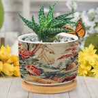Antique Chinoiserie Ceramic Planters Coral Peony Chic Asian Pots for Plants with Drainage Holes and Saucers Pot for Home Office Desk Garden - Image 6