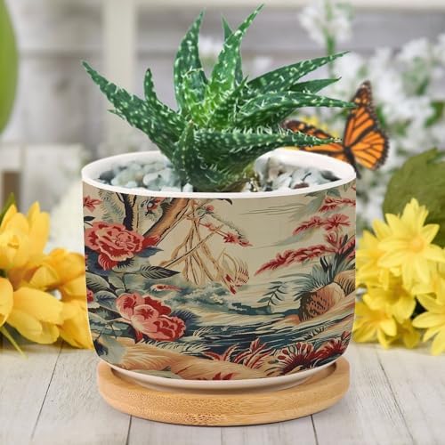 Antique Chinoiserie Ceramic Planters Coral Peony Chic Asian Pots for Plants with Drainage Holes and Saucers Pot for Home Office Desk Garden - Image 6