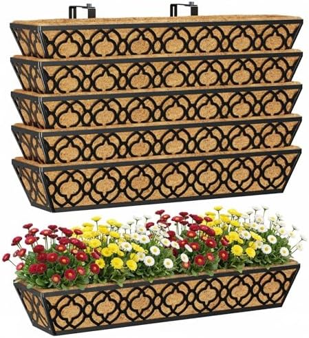 Y&M Deck Railing Planter Boxes 30 Inch 6 Pack, Adjustable Balcony Planter for Outdoor Plants, Metal Railing Planter Box for Deck, Fence and Porch, Window Boxes Outdoor, Sturdy Hanging Planter by YM